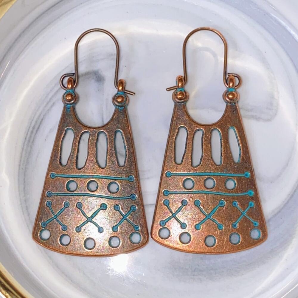 New Turquoise Huggie Patina Tribal Earrings‎ Bronze Ornate Rustic Aztec Boho